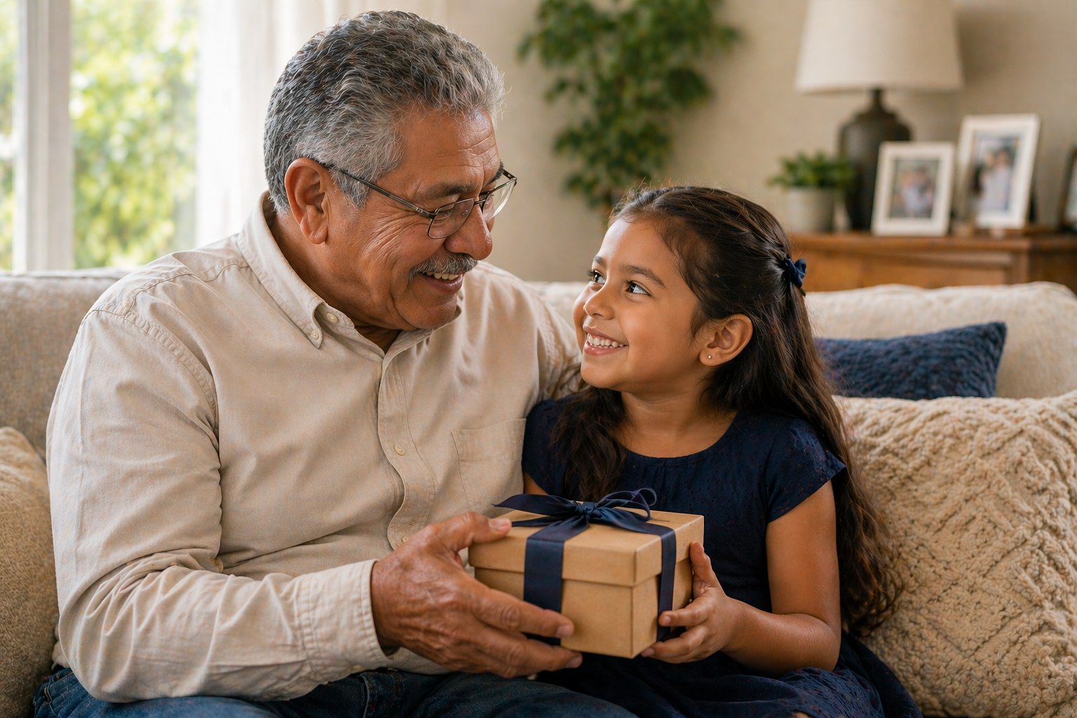 Grandfather giving his granddaughter a gift — children's whole life insurance
