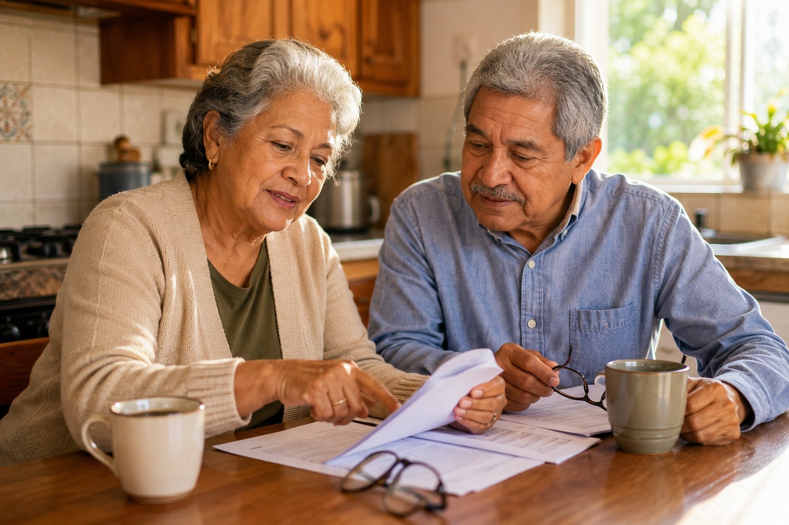 Senior couple reviewing guaranteed acceptance life insurance paperwork at their kitchen table