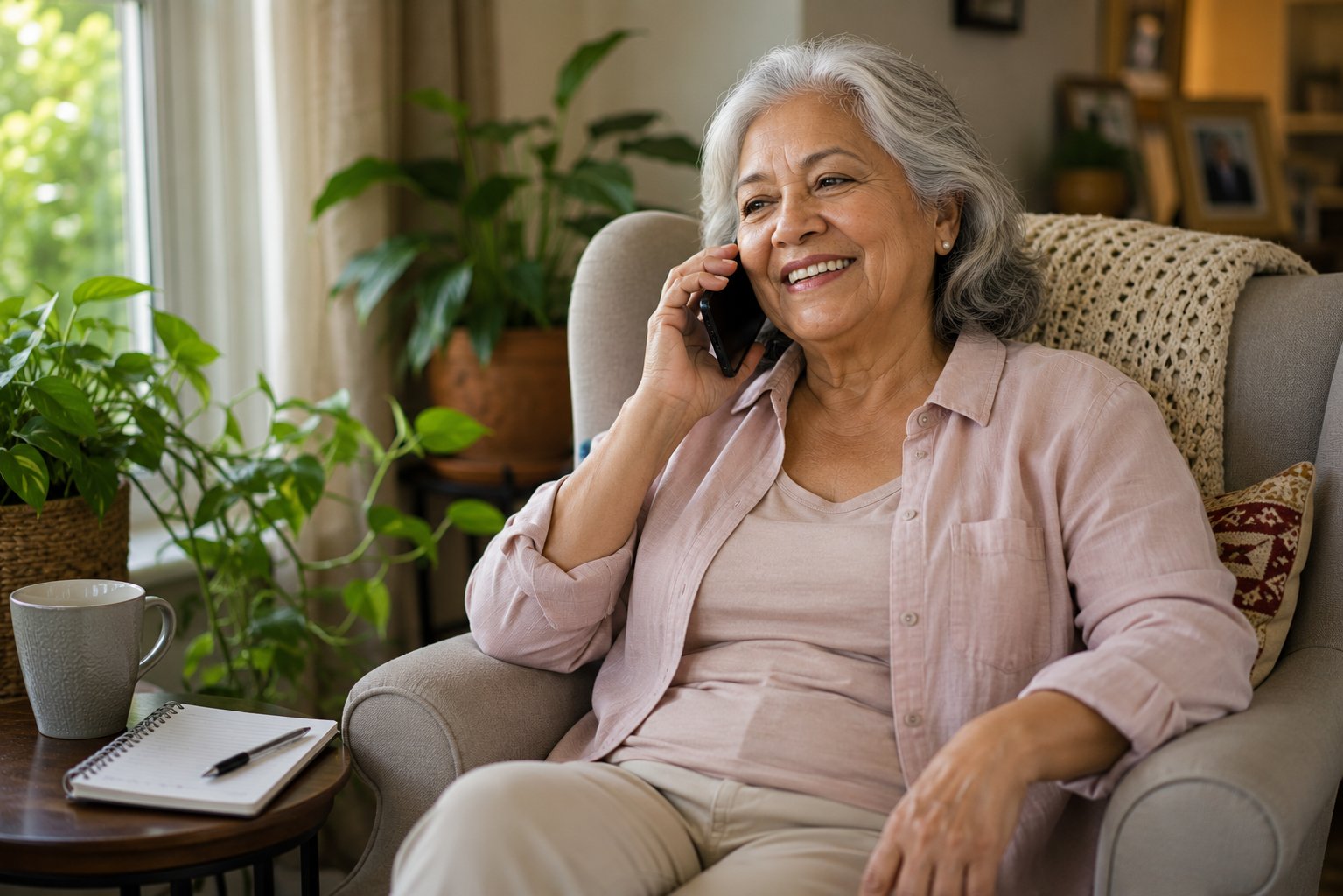 Senior woman smiling during a friendly phone call about her life insurance options