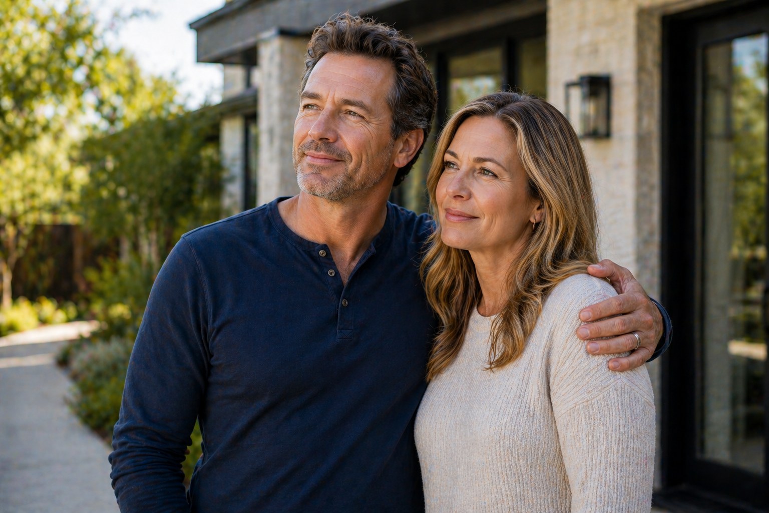 Couple in their 40s outside their home — IUL for higher earners