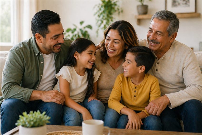Multi-generational Latino family together at home