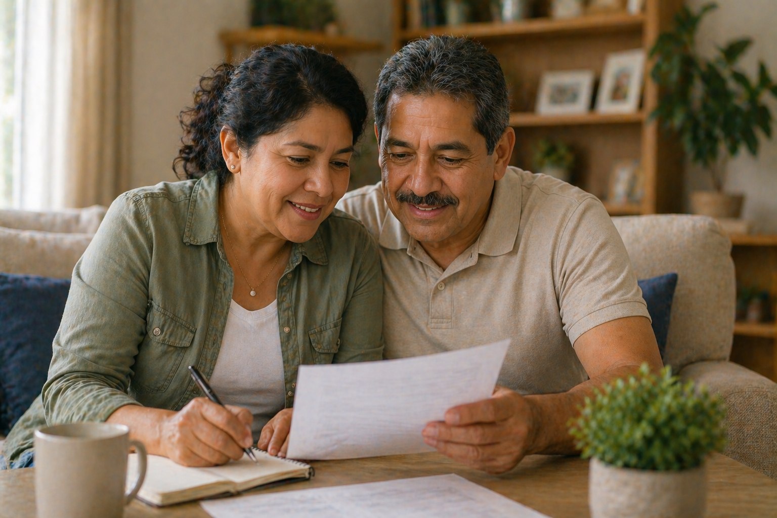 Older Latino couple reviewing burial insurance paperwork
