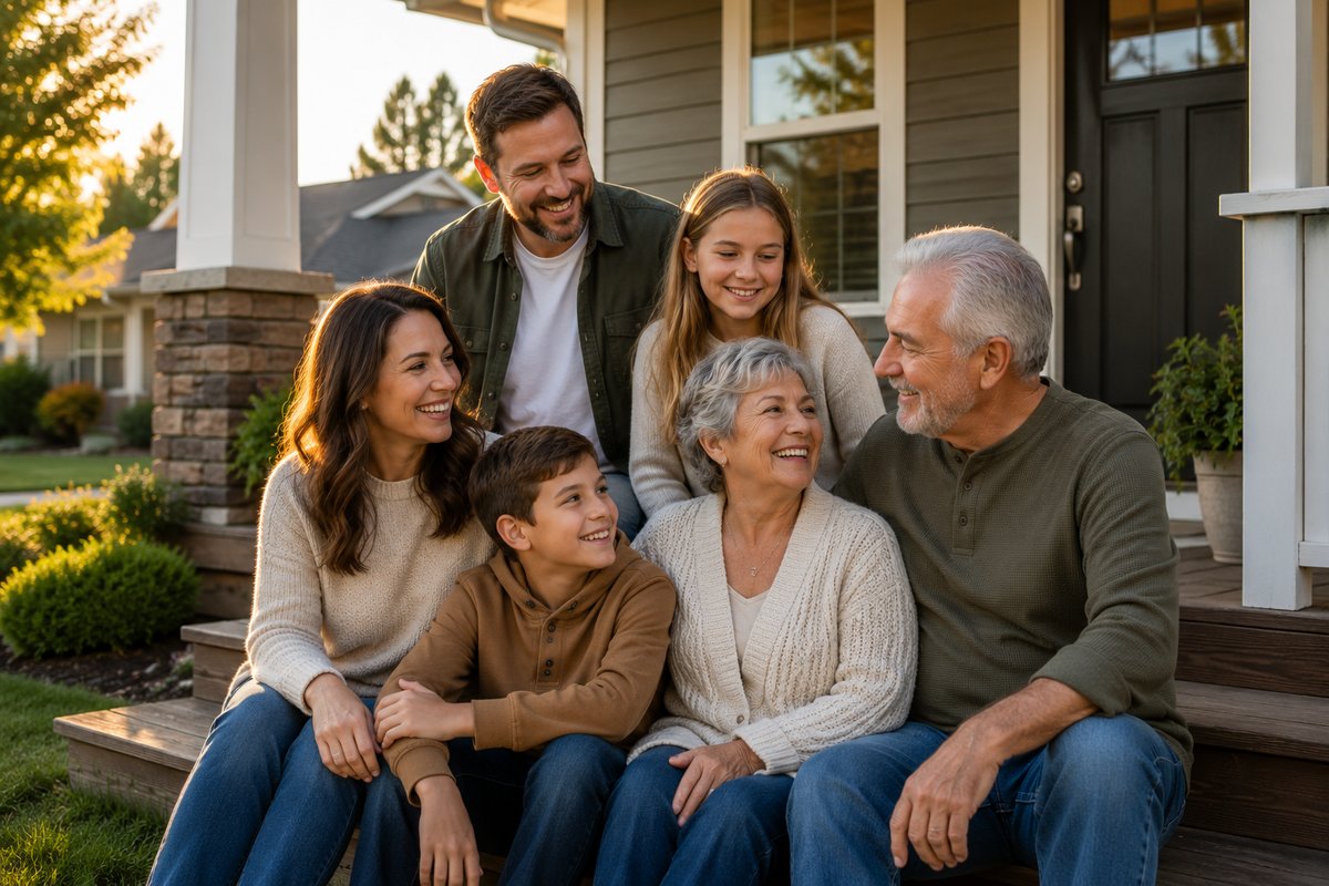 A multigenerational family together on the porch of the home they own — the permanence that whole life insurance is built around