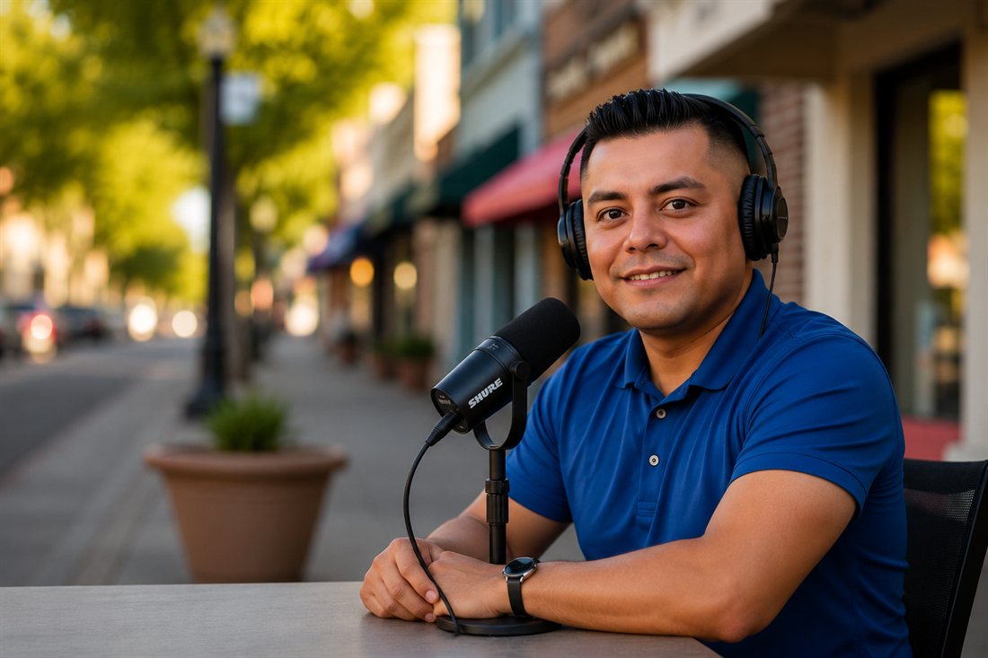 Gilbert Lopez recording the Woodburn Podcast in Woodburn, Oregon